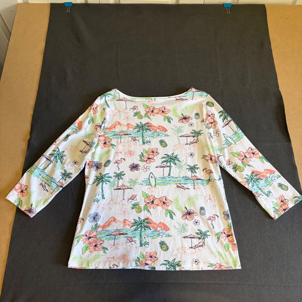 Talbots Beach Print Top Womens L White Tropical Boatneck Vacation Comfort Core